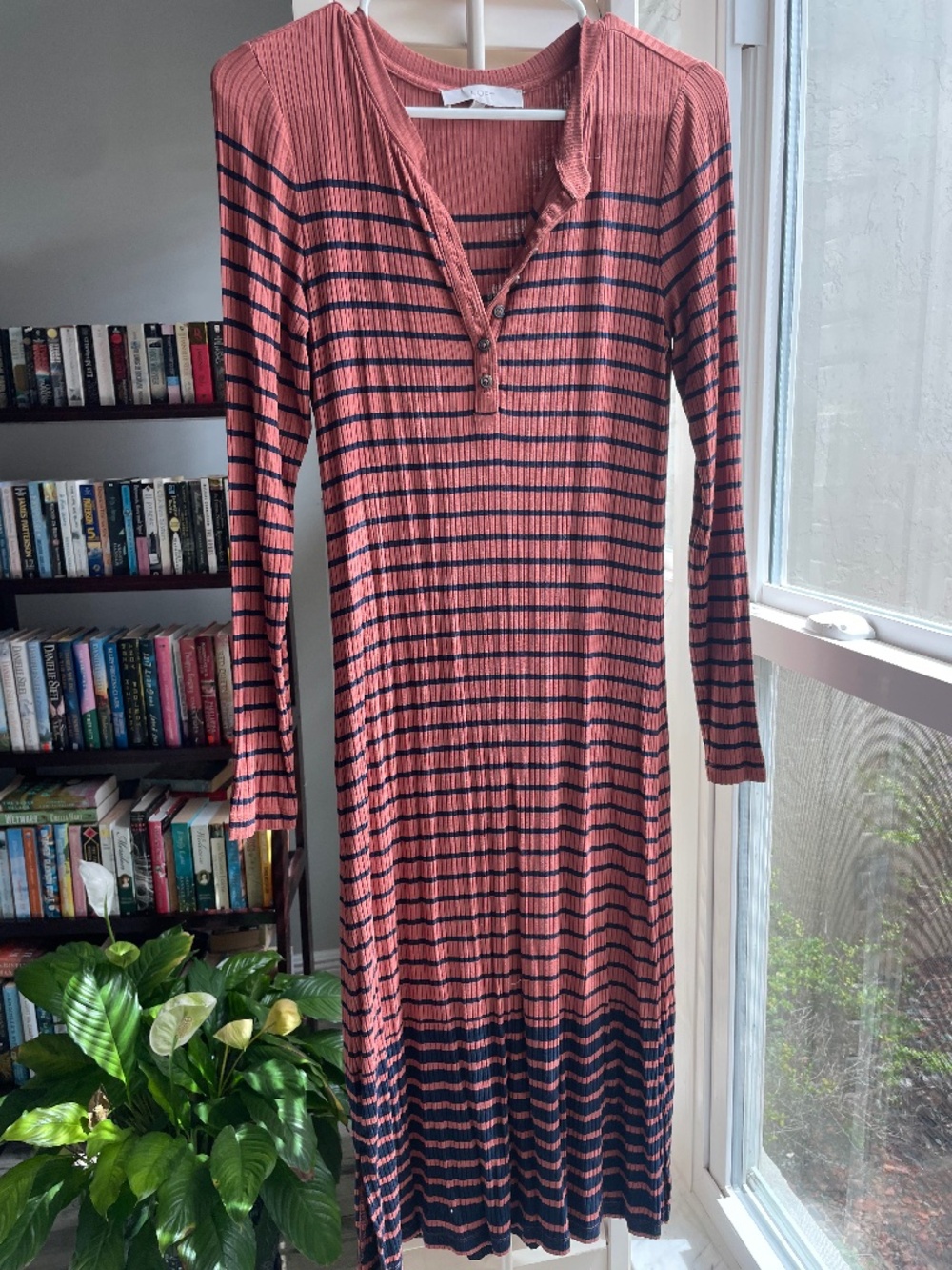 Loft Henley maxi dress Rust with black stripes, small